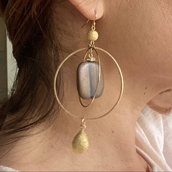Jewelry - Gold Double Hoop Stone Drop Earrings